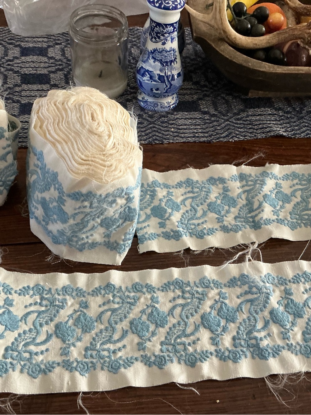 Ivory Trim with Sky Blue Embroidered Floral Border 5” wide, total of 17.2 yds